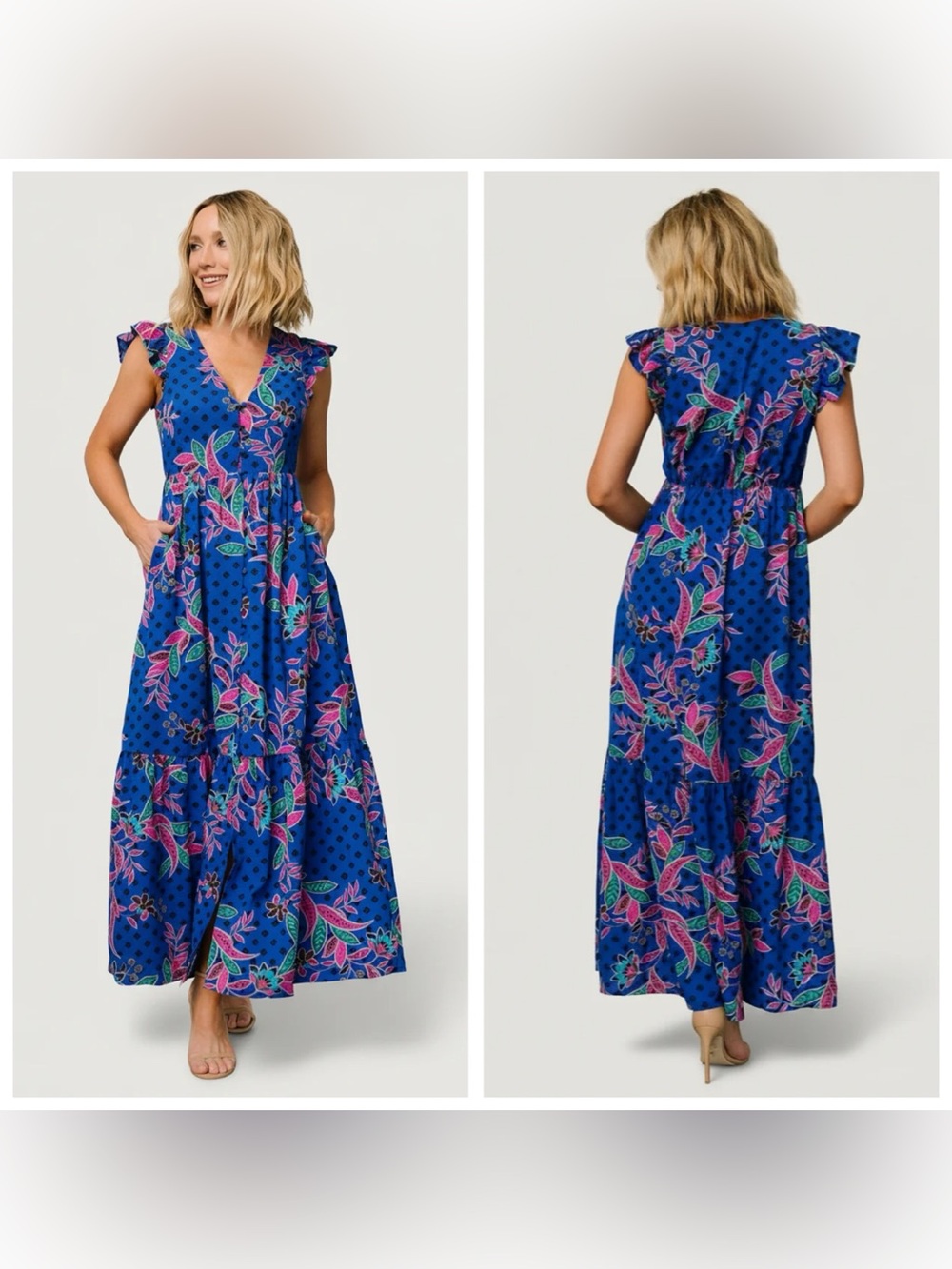 Baltic Born Biscayne Maxi Dress with V-Neck and Flutter Sleeves Floral Sz Small